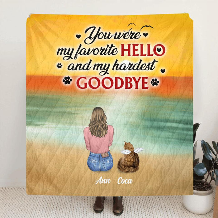 Custom Personalized Memorial Pet Pillow Cover & Fleece/ Quilt Blanket - Memorial Gift For Dog/Cat Lover - Man/ Woman/ Couple With Upto 4 Pets - You Were My Favorite Hello And My Hardest Goodbye