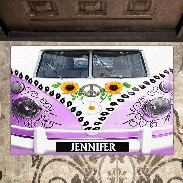 Custom Personalized Sunflower Peace Bus Doormat - Best Gift Idea For Bus Lovers