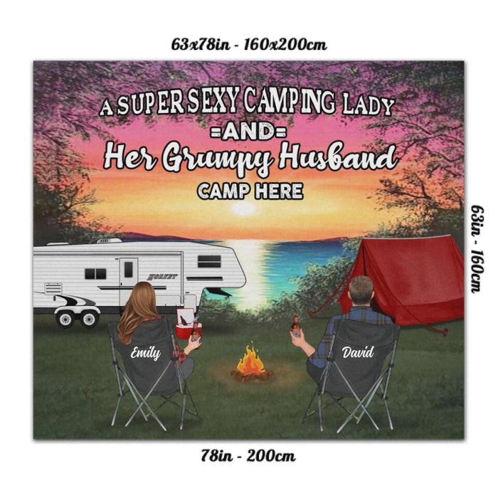 Custom Personalized Camping Rug - Gift Idea For Camping Lover - Couple/ Parents With Upto 3 Kids And 4 Pets - A Super Sexy Camping Lady And Her Grumpy Husband Camp Here