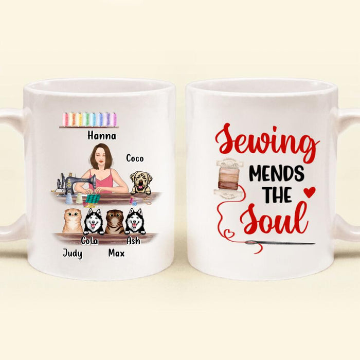 Custom Personalized Sewing Coffee Mug - Gift For Sewing Lovers with up to 5 Pets - Sewing Mends The Soul