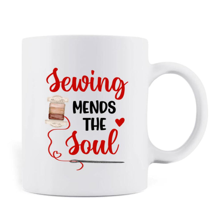 Custom Personalized Sewing Coffee Mug - Gift For Sewing Lovers with up to 5 Pets - Sewing Mends The Soul