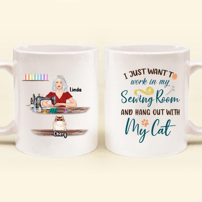 Custom Personalized Cat Mom Sewing Coffee Mug - Gift Idea For Cat and Sewing Lovers/Mother's Day - Upto 6 Cats - I Just Want To Work In My Sewing Room And Hang Out With My Cat