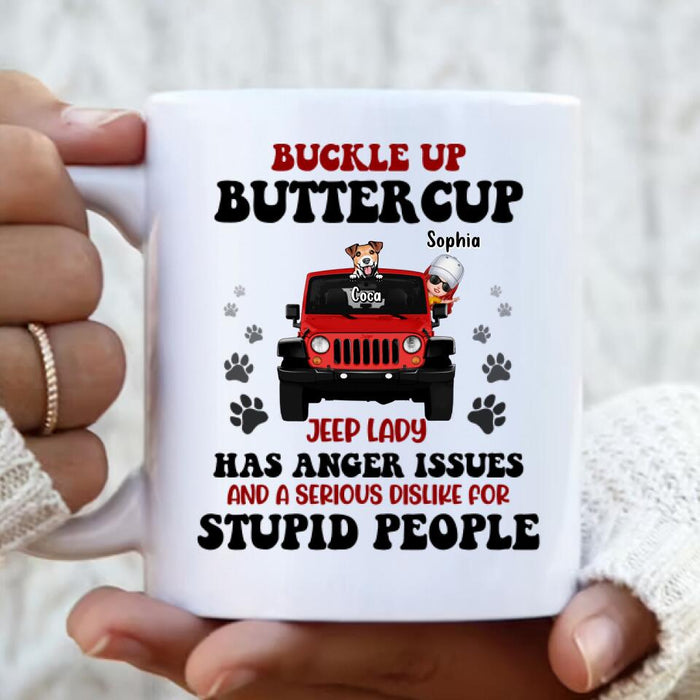 Custom Personalized Off-road Lady Mug - Upto 5 Dogs - Gift Idea For Dog/Off-road Lover - Buckle Up Buttercup