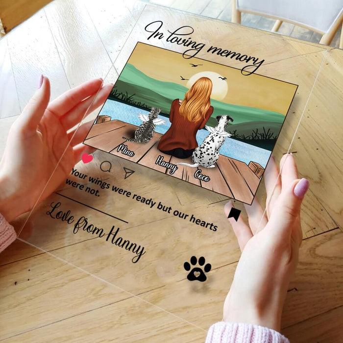 Custom Personalized Memorial Pet Acrylic Plaque - Man/ Woman/ Couple With Upto 4 Pets - Memorial Gift Idea For Dog/ Cat Lover - Your Wings Were Ready But Our Hearts Were Not