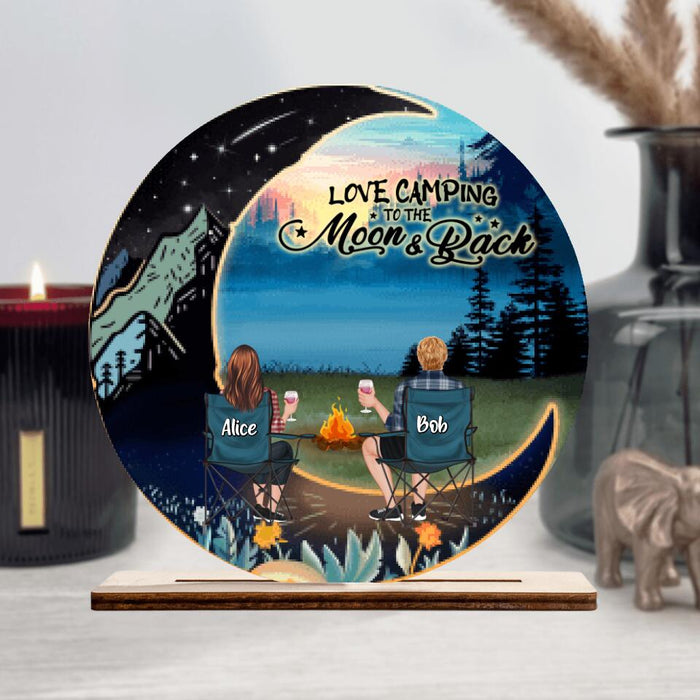 Custom Personalized Camping Moon Wooden Plaque - Gift Idea For Camping Lover - Adult/ Couple/ Parents With Upto 2 Kids And 3 Pets - Love Camping To The Moon & Back