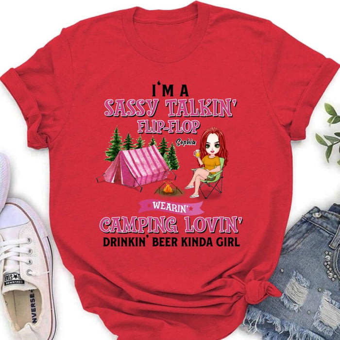 Custom Personalized Camping Girl Shirt/ Pullover Hoodie - Gift Idea For Camping Lovers - I'm A Sassy Talkin' Flip - Flop Camping Lovin' Drinkin' Beer Kinda Girl