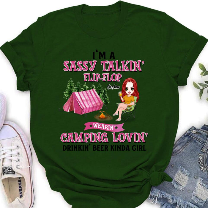 Custom Personalized Camping Girl Shirt/ Pullover Hoodie - Gift Idea For Camping Lovers - I'm A Sassy Talkin' Flip - Flop Camping Lovin' Drinkin' Beer Kinda Girl