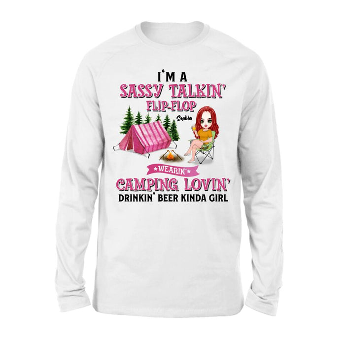 Custom Personalized Camping Girl Shirt/ Pullover Hoodie - Gift Idea For Camping Lovers - I'm A Sassy Talkin' Flip - Flop Camping Lovin' Drinkin' Beer Kinda Girl