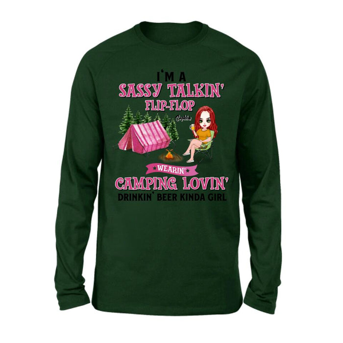 Custom Personalized Camping Girl Shirt/ Pullover Hoodie - Gift Idea For Camping Lovers - I'm A Sassy Talkin' Flip - Flop Camping Lovin' Drinkin' Beer Kinda Girl