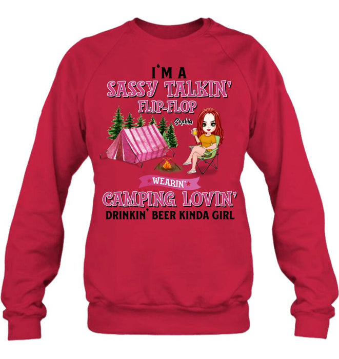 Custom Personalized Camping Girl Shirt/ Pullover Hoodie - Gift Idea For Camping Lovers - I'm A Sassy Talkin' Flip - Flop Camping Lovin' Drinkin' Beer Kinda Girl