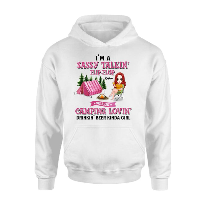 Custom Personalized Camping Girl Shirt/ Pullover Hoodie - Gift Idea For Camping Lovers - I'm A Sassy Talkin' Flip - Flop Camping Lovin' Drinkin' Beer Kinda Girl