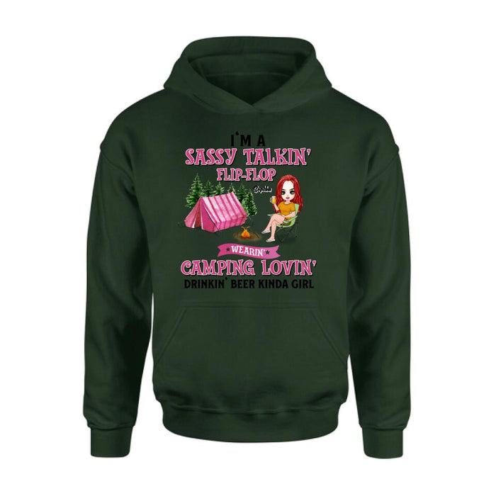 Custom Personalized Camping Girl Shirt/ Pullover Hoodie - Gift Idea For Camping Lovers - I'm A Sassy Talkin' Flip - Flop Camping Lovin' Drinkin' Beer Kinda Girl