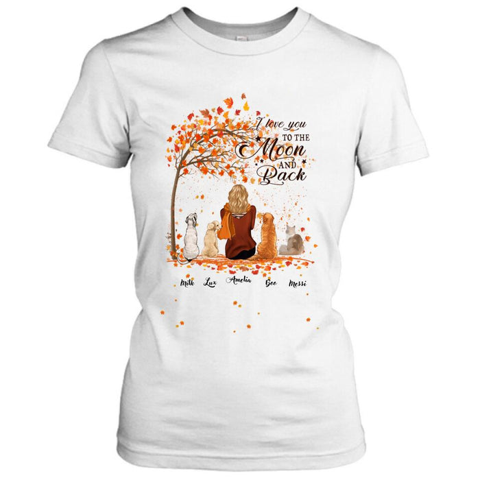 Custom Personalized Fall Pet Mom T-Shirt/Hoodie - Woman With Upto 4 Pets - Best Gift For Dog Lovers/Cat Lovers - I Love You To The Moon And Back