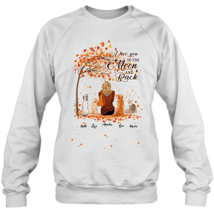 Custom Personalized Fall Pet Mom T-Shirt/Hoodie - Woman With Upto 4 Pets - Best Gift For Dog Lovers/Cat Lovers - I Love You To The Moon And Back