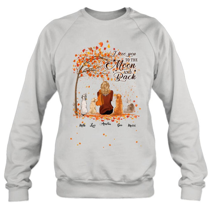 Custom Personalized Fall Pet Mom T-Shirt/Hoodie - Woman With Upto 4 Pets - Best Gift For Dog Lovers/Cat Lovers - I Love You To The Moon And Back