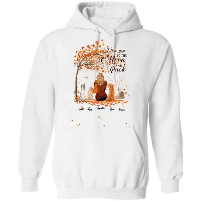 Custom Personalized Fall Pet Mom T-Shirt/Hoodie - Woman With Upto 4 Pets - Best Gift For Dog Lovers/Cat Lovers - I Love You To The Moon And Back