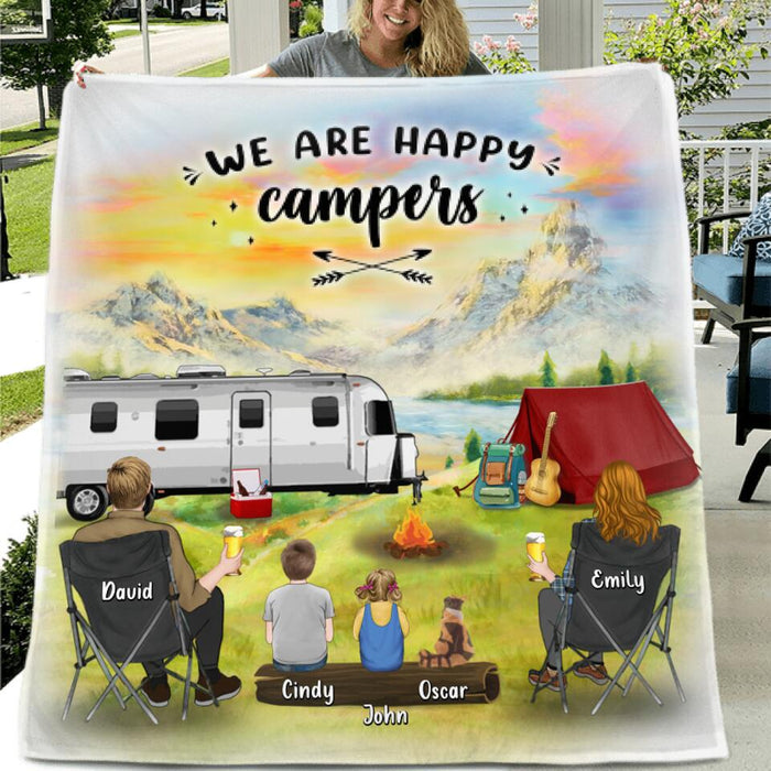 Custom Personalized Camping Single Layer Fleece/ Quilt - Gift Idea For Mother's day/ Father's Day with up to 2 Kids - We Are Happy Campers