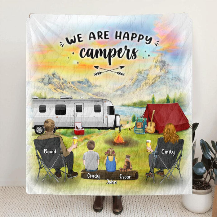 Custom Personalized Camping Single Layer Fleece/ Quilt - Gift Idea For Mother's day/ Father's Day with up to 2 Kids - We Are Happy Campers