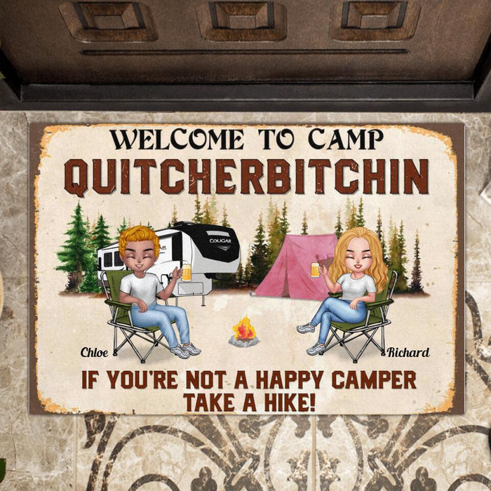 Custom Personalized Welcome To Camp Quitcherbitchin Doormat - Gift Idea For Camping Lovers - Up To 6 People - If You're Not A Happy Camper Take A Hike!