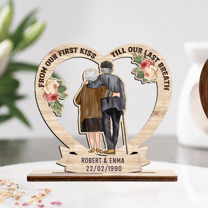 Custom Personalized Couple Wooden Plaque - Gift for Couples, Husband and Wife - Old Couple Hugging - From Our First Kiss Till Our Last Breath