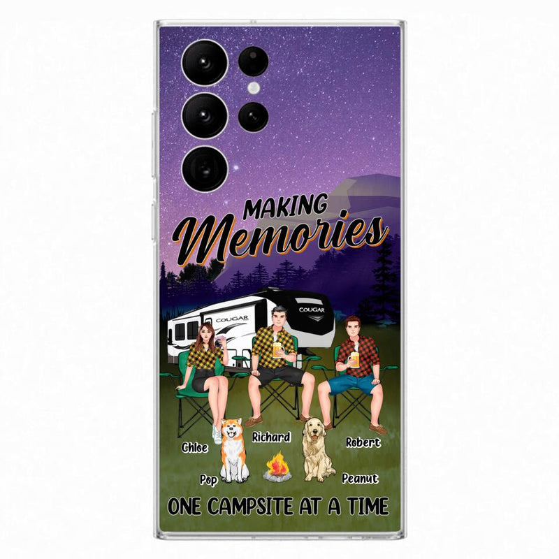 Custom Personalized Camping Phone Case - Gift Idea For Camping Lover/ Friends/ Couple - Upto 3 People And 2 Dogs - Making Memories One Campsite At A Time - Case For iPhone And Samsung