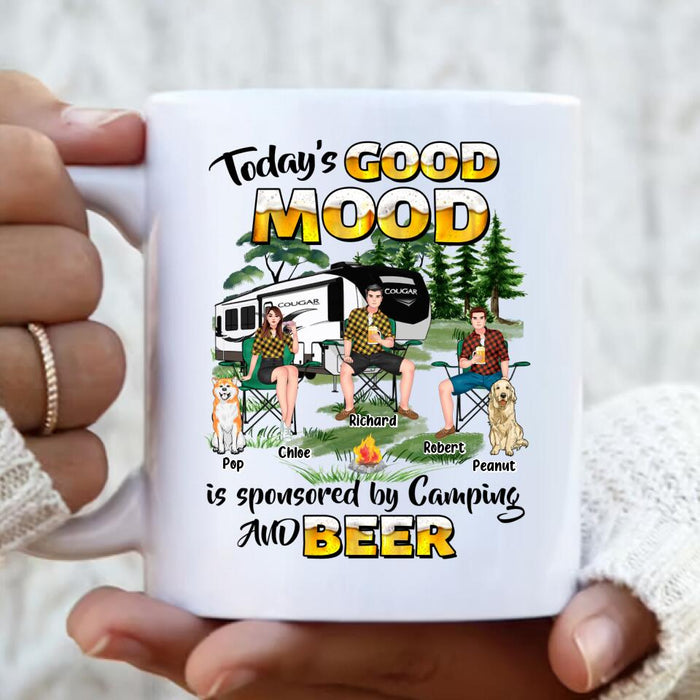 Custom Personalized Camping Coffee Mug - Gift Idea For Camping Lover/ Friends/ Couple - Upto 3 People And 2 Dogs - Today's Good Mood Is Sponsored By Camping And Beer