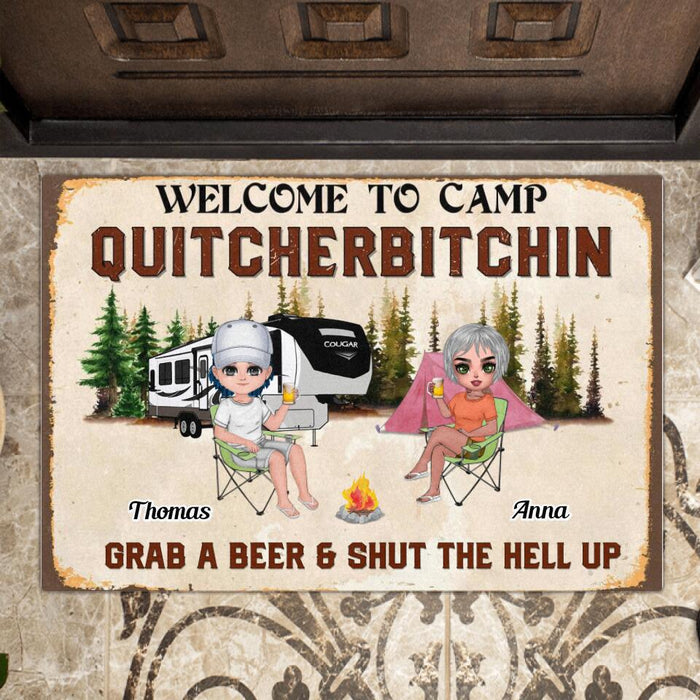 Custom Personalized Welcome To Camp Quitcherbitchin Doormat - Gift Idea For Friends - Up To 7 People - Grab A Beer And Shut The Hell Up