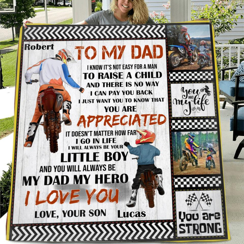 Personalized Father & Son Biker Fleece Throw Blanket/Quilt - Father's Day Gift Idea For Bike Lovers - To My Dad I Know It's Not Easy To Raise A Child