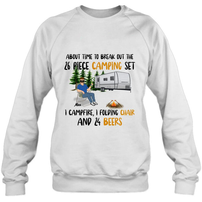 Custom Personalized Retired 2023 Camping Shirt/ Pullover Hoodie - Retired Gift Idea For Camping Lover - About Time To Break Out The 26 Piece Camping Set 1 Campfire 1 Folding Chair And 24 Beers