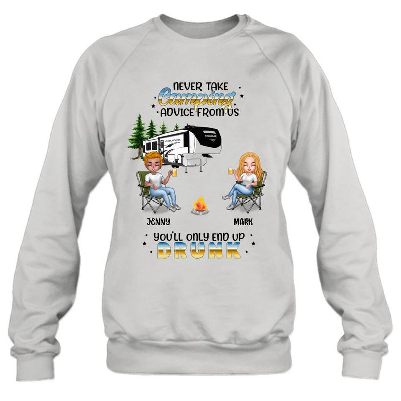 Personalized Camping Friends Shirt - Up to 6 People - Gift Idea For Friends/Camping Lovers - Never Take Camping Advice From Us You'll Only End Up Drunk