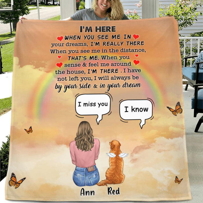 Custom Personalized Memorial Dog Mom Quilt/Fleece Blanket - Upto 4 Dogs - Gift Idea For Mother's Day/Dog Lover - I'm Here