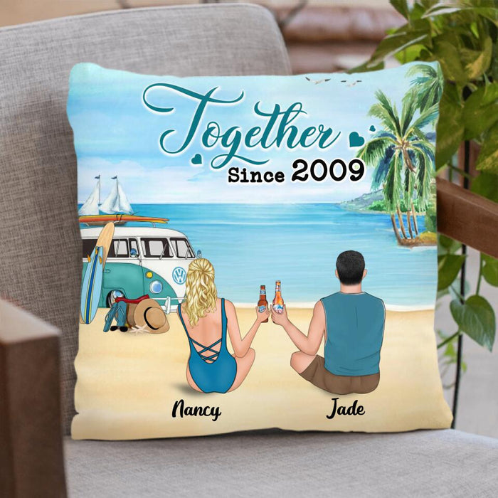 Custom Personalized Beach Camping Quilt/Fleece Blanket & Pillow Cover - Couple/Family With Upto 3 Kids And 3 Pets - Best Gift Idea For Camping/Dog/Cat Lover - This Is Our Happy Place