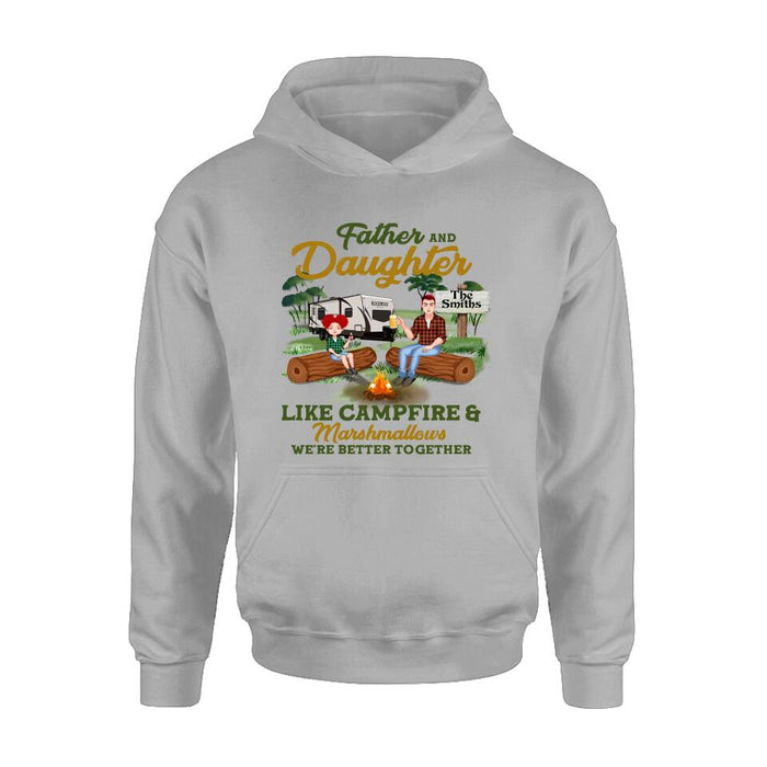 Custom Personalized Camping Dad Shirt/ Pullover Hoodie - Gift Idea For Father's Day/ Camping Lover - Father/ Parents With Upto 2 Kids And 4 Dogs - Father And Daughter Like Campfire & Marshmallows