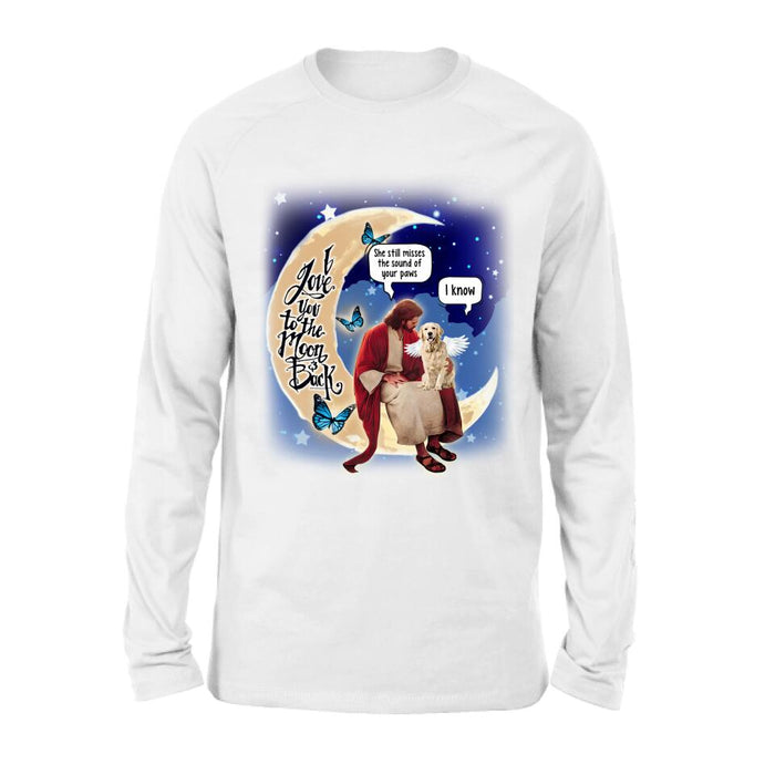 Custom Personalized Dog And Jesus Sitting On The Moon Shirt/ Pullover Hoodie - Memorial Gift Idea For Dog Lover