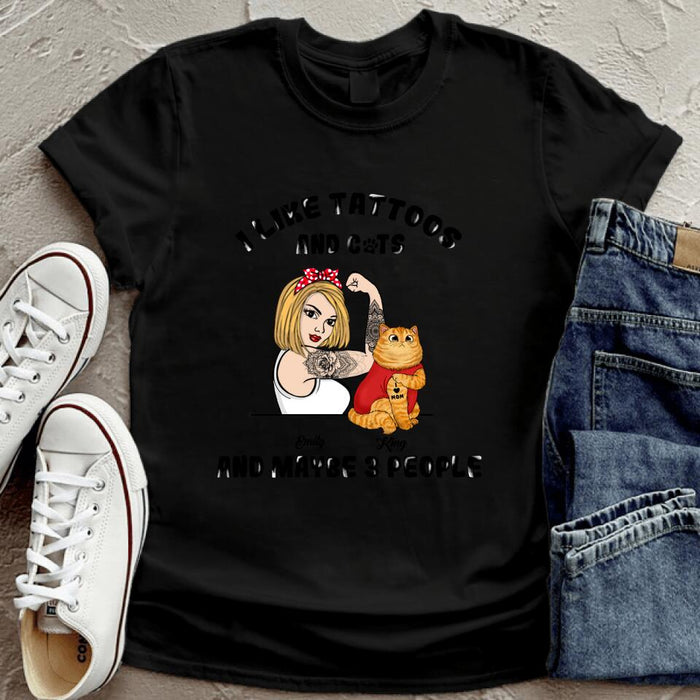 Custom Personalized Cat Mom T-Shirt -  Upto 3 Cats - I Like Tattoos And Cats And maybe 3 People