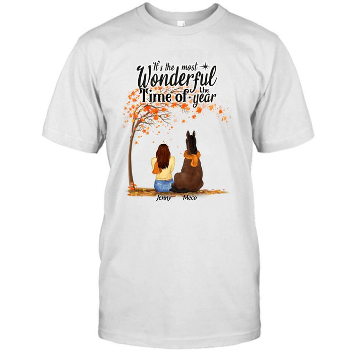 Custom Personalized Horse Mom Autumn T-Shirt - Girl With Upto 3 Horses - It's The Most Wonderful Time Of The Year