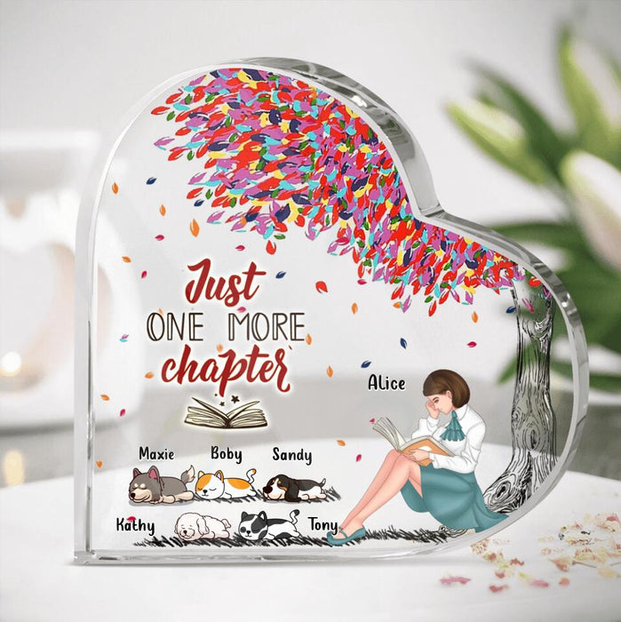 Custom Personalized Reading Girl Heart Shaped Acrylic Plaque - Upto 5 Pets - Gift Idea For Book/ Cat/ Dog Lover - Just One More Chapter