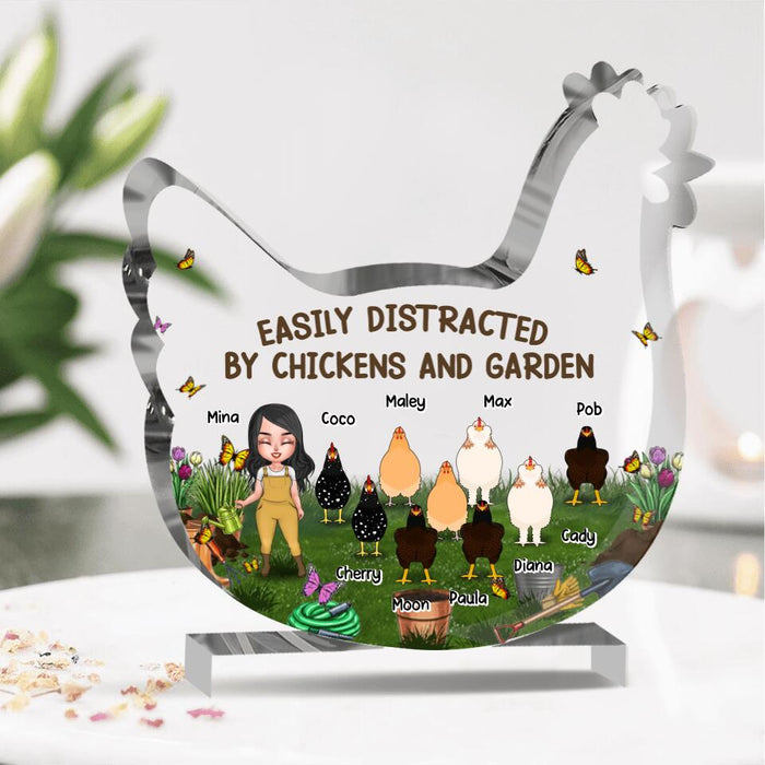 Custom Personalized Garden Chicken Shaped Acrylic Plaque - Upto 9 Chickens - Gift Idea For Garden/Chicken Lover - Easily Distracted By Chickens And Garden