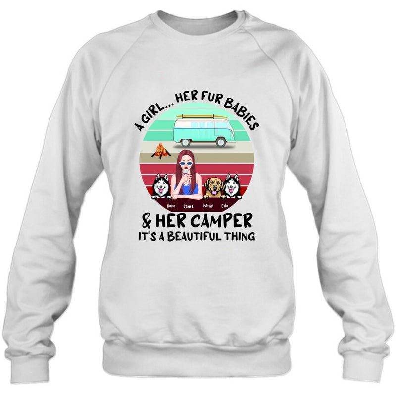 Personalized Camping Shirt - Women With  Up to 3 Dogs - Best Gift For Dog Lover - A Girl Her Fur Babies Her Dogs And Her Camper It's A Beautiful Thing