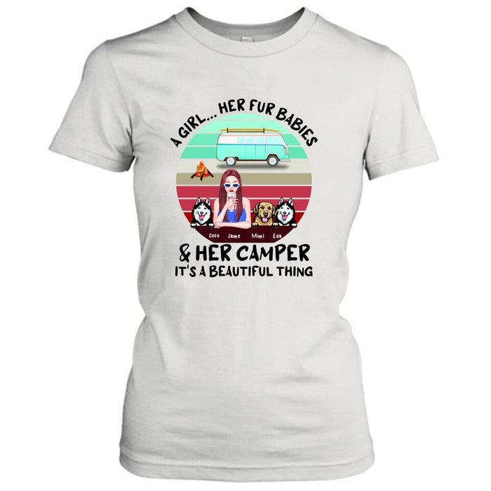 Custom Personalized Camping Shirt - Women With  Upto 3 Dogs - Best Gift For Dog Lover - A Girl Her Fur Babies Her Dogs And Her Camper It's A Beautiful Thing