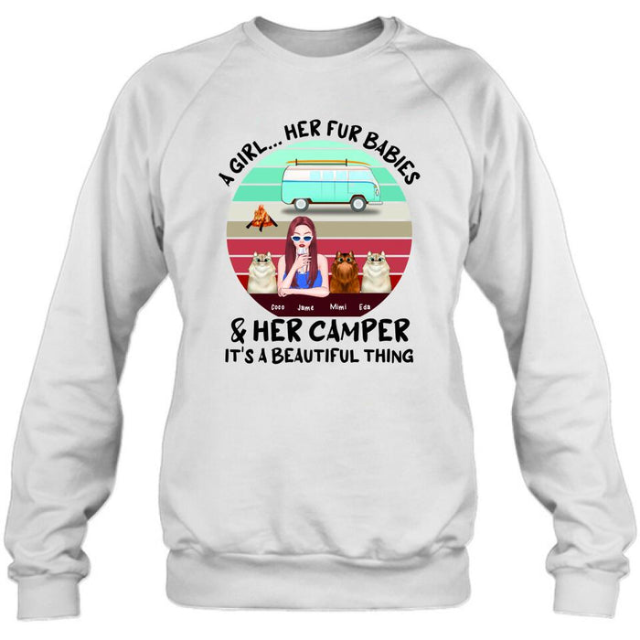 Custom Personalized Camping T-Shirt - Women With Upto 3 Cats - Best Gift For Dog Lover - A Girl Her Fur Babies Her Cats And Her Camper It's A Beautiful Thing