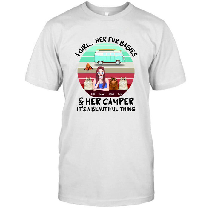 Custom Personalized Camping T-Shirt - Women With Upto 3 Cats - Best Gift For Dog Lover - A Girl Her Fur Babies Her Cats And Her Camper It's A Beautiful Thing