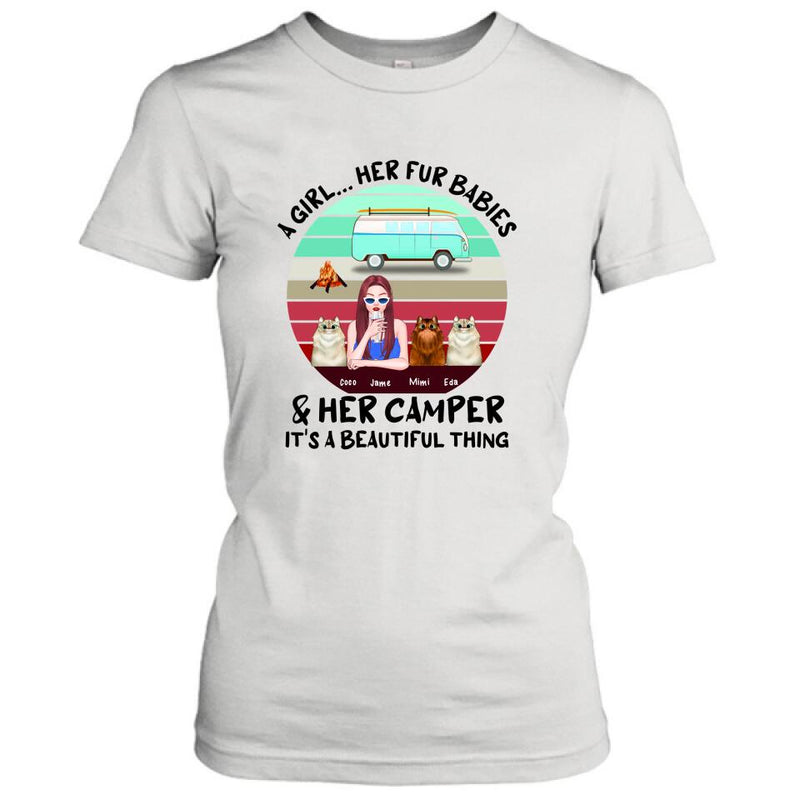 Personalized Camping T-Shirt - Women With Up to 3 Cats - Best Gift For Dog Lover - A Girl Her Fur Babies Her Cats And Her Camper It's A Beautiful Thing