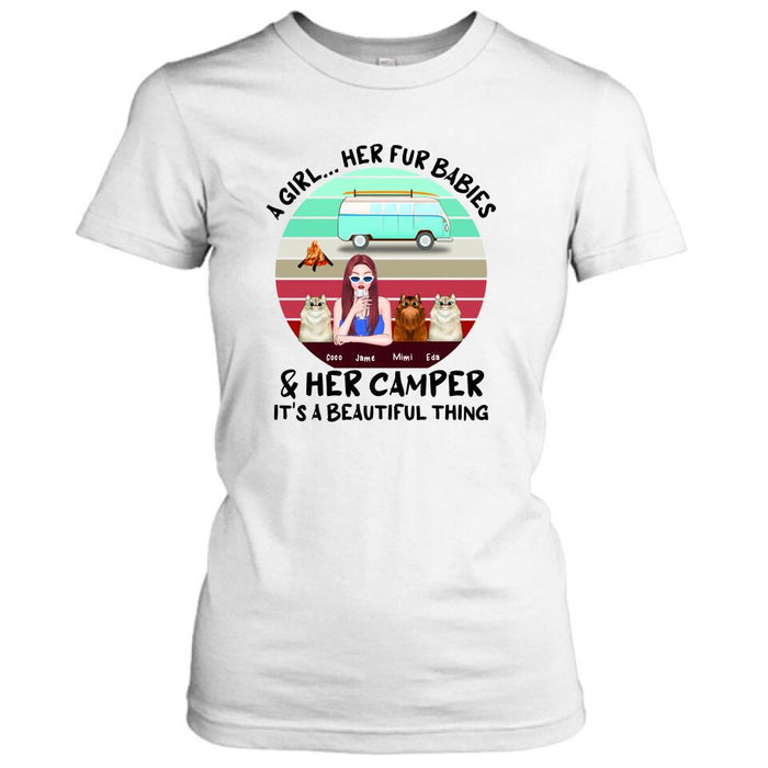 Custom Personalized Camping T-Shirt - Women With Upto 3 Cats - Best Gift For Dog Lover - A Girl Her Fur Babies Her Cats And Her Camper It's A Beautiful Thing