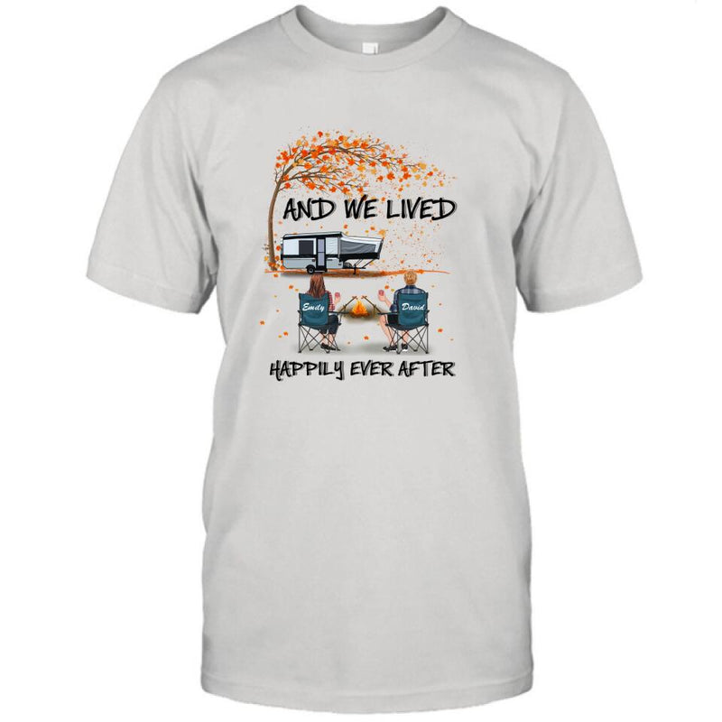 Personalized Autumn Camping T-shirt/Pullover Hoodie - Couple/Parents With Up to 4 Kids, 4 Pets - Gift For Camping Lover - And We Lived Happily Ever After