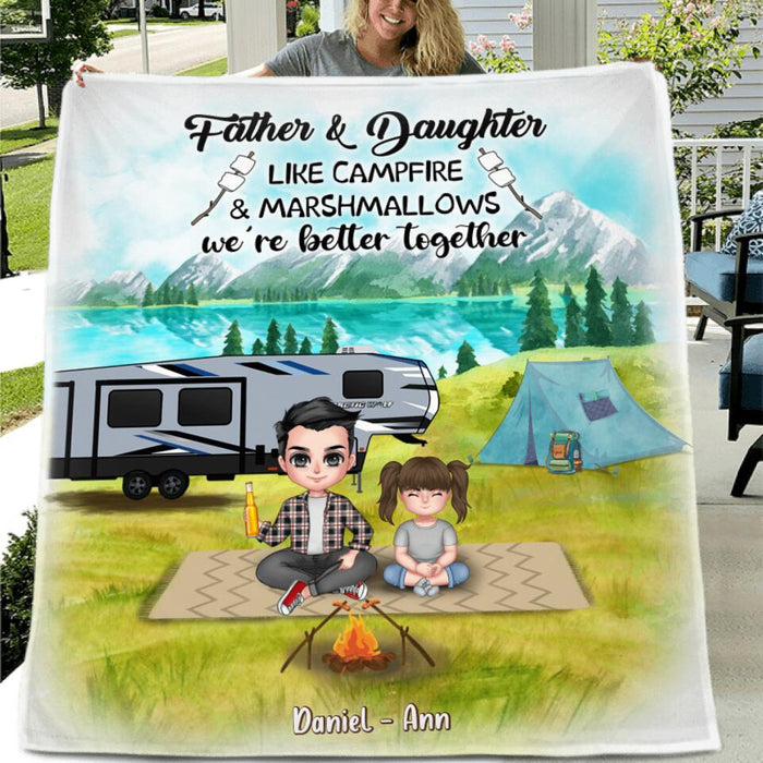 Personalized Father Daughter Camping Pillow Cover & Quilt/ Fleece Blanket - Father's Day Gift Idea For Father/ Camping Lover - Father And Daughter Like Campfire & Marshmallows