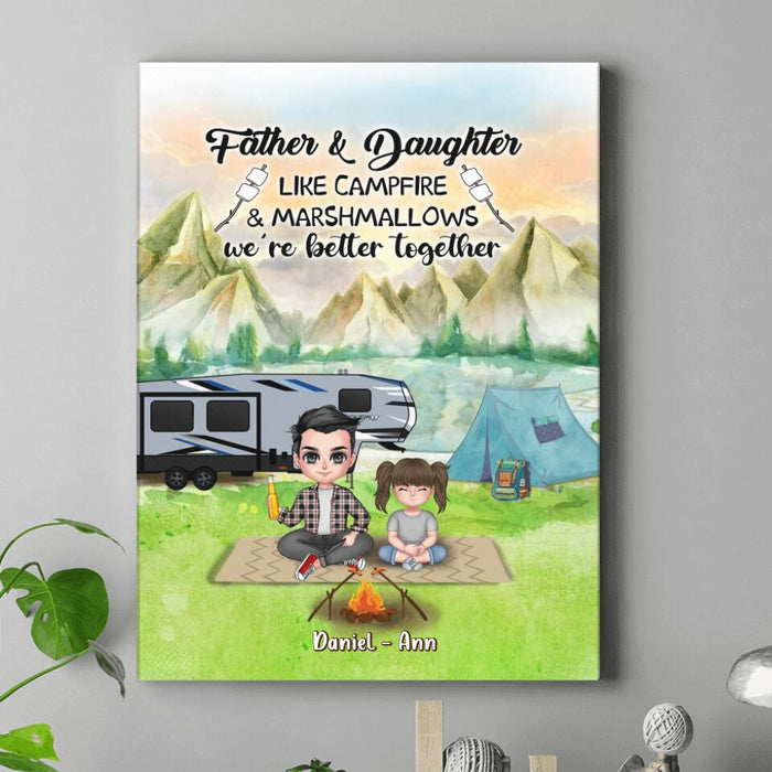 Personalized Father Daughter Camping Canvas - Father's Day Gift Idea For Father/ Camping Lover - Father And Daughter Like Campfire & Marshmallows