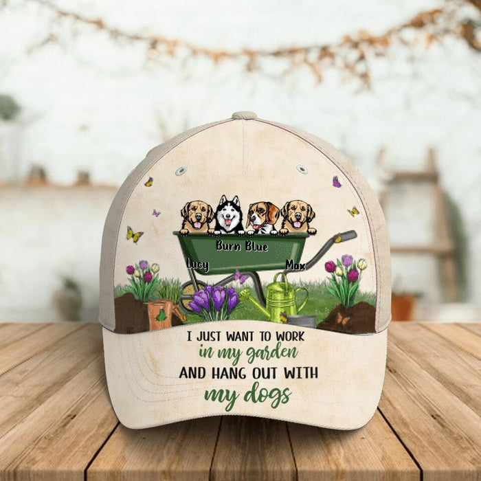 Custom Personalized Front Pet Baseball Cap - Gift Idea For Dog Lover/Cat Lover with up to 4 Pets - I Just Want To Work In My Garden And Hang Out With My Dogs