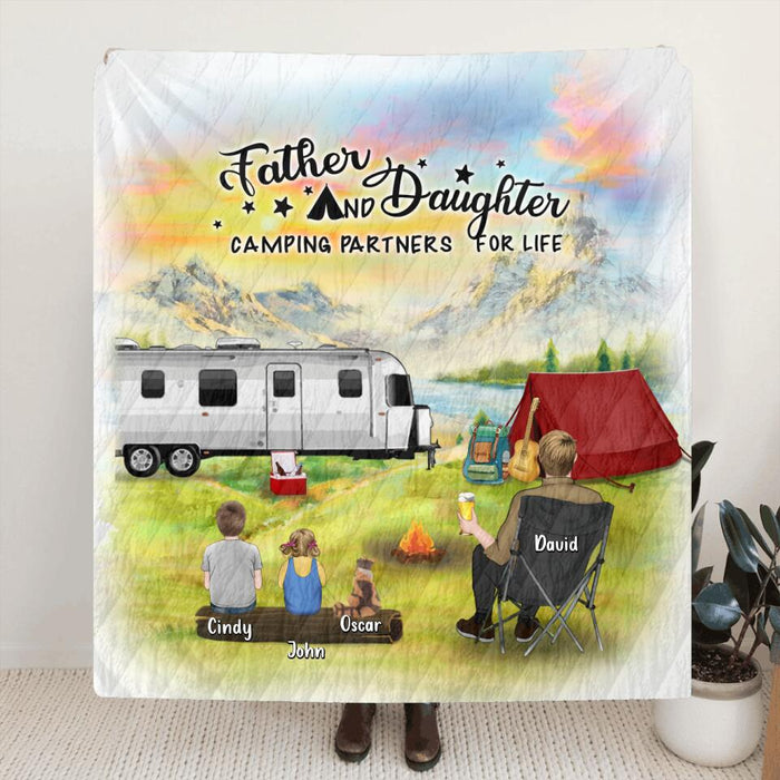 Custom Personalized Father Daughter Camping Pillow Cover & Quilt/ Fleece Blanket - Father's Day Gift Idea For Father/ Camping Lover - Father And Daughter Camping Partners For Life