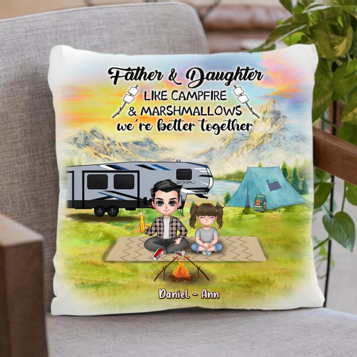 Personalized Father Daughter Camping Pillow Cover & Quilt/ Fleece Blanket - Father's Day Gift Idea For Father/ Camping Lover - Father And Daughter Like Campfire & Marshmallows